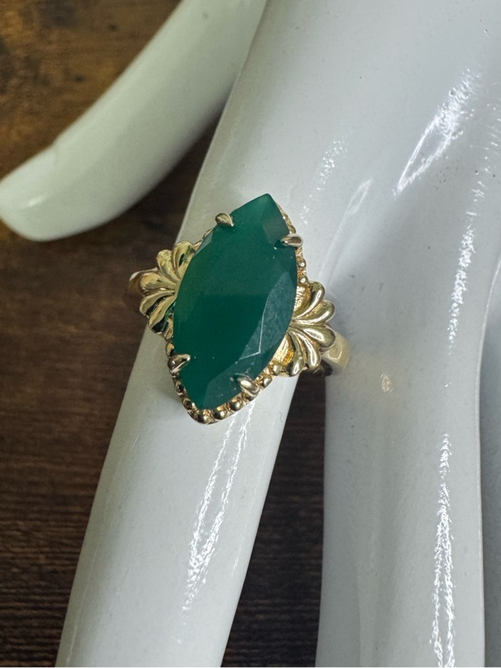 Gold Vermeil Green Marquise Ring Ornate Hallmarked 925 Size 7